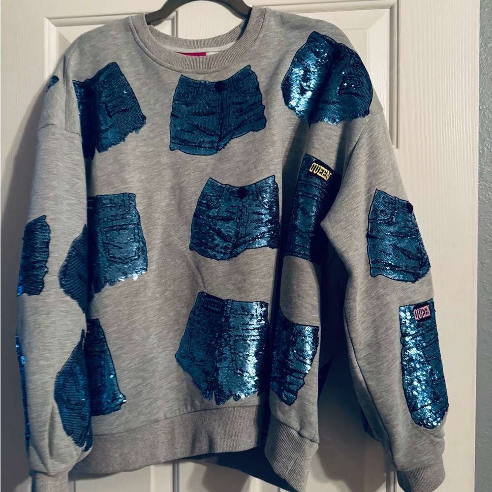 Queen Of Sparkles Gray Sweatshirt with Blue Sequin Design